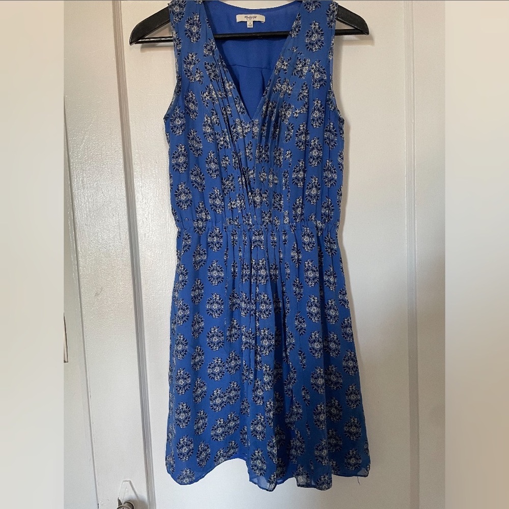 Madewell Blue Floral Woodcut Silk Pleated Minidress Sleeveless Dress 0